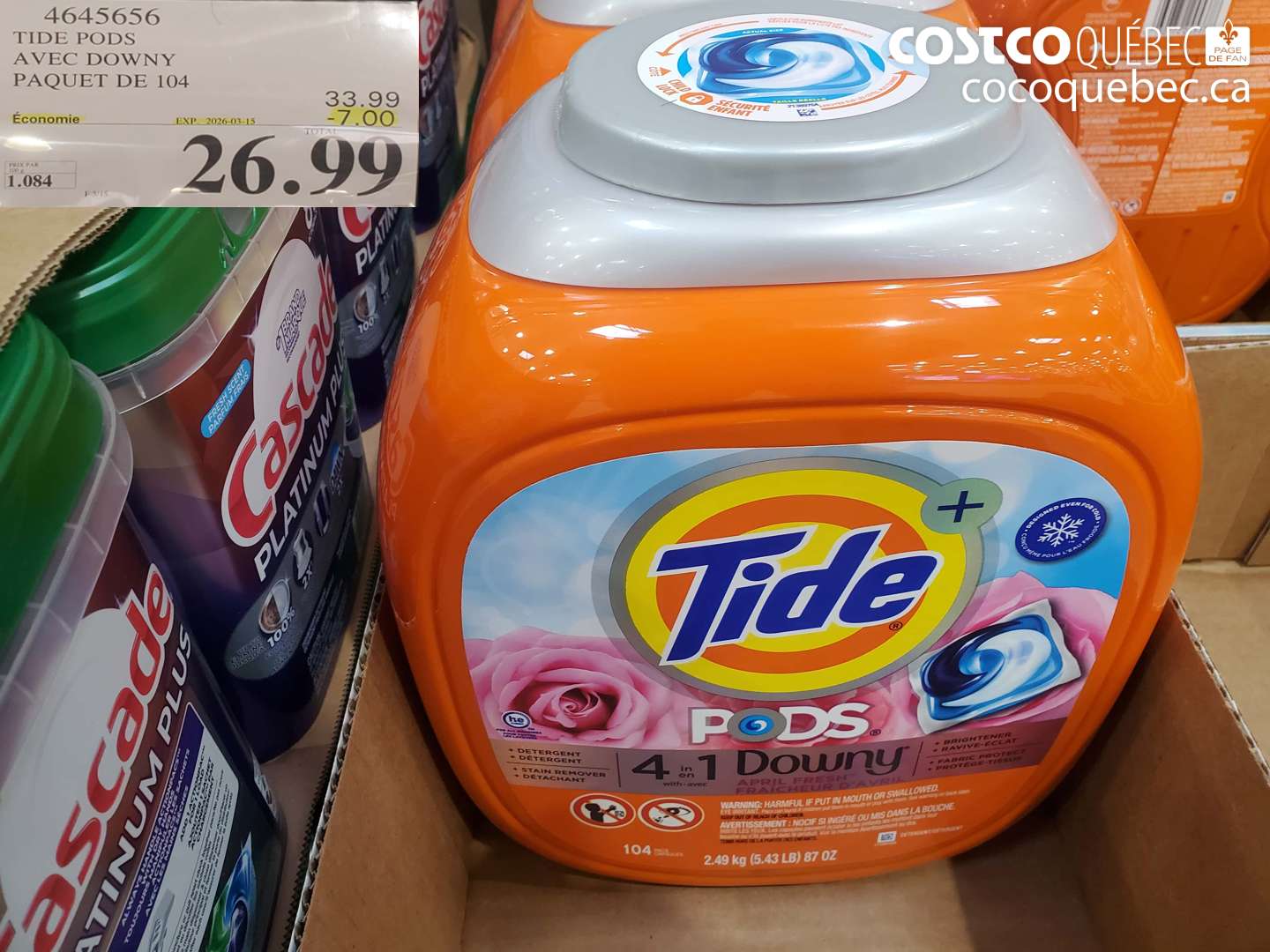 4645656 TIDE PODS AVEC DOWNY PAQUET DE 104 ($7.00 INSTANT SAVINGS EXPIRES ON 2026-03-15) $26.99