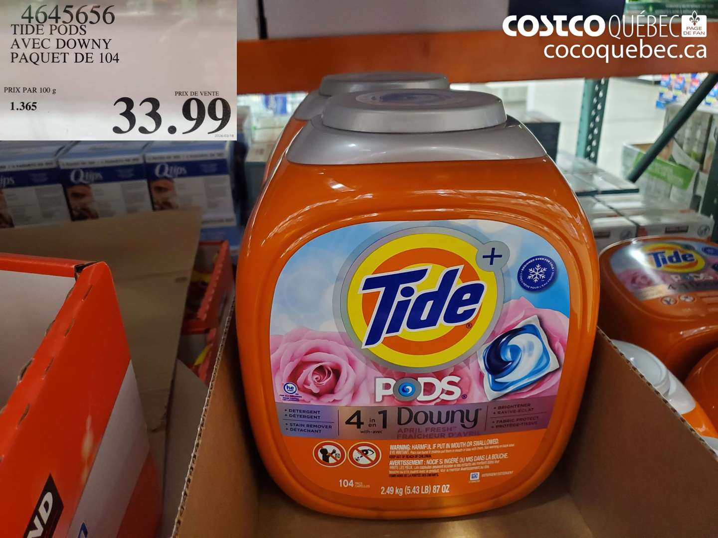 4645656 TIDE PODS AVEC DOWNY PAQUET DE 104. $33.99