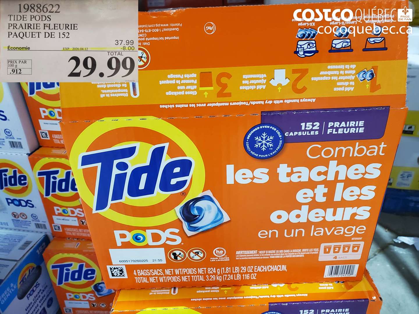 1988622 TIDE PODS PRAIRIE FLEURIE PAQUET DE 152 ($8.00 INSTANT SAVINGS EXPIRES ON 2026-04-12) $29.99