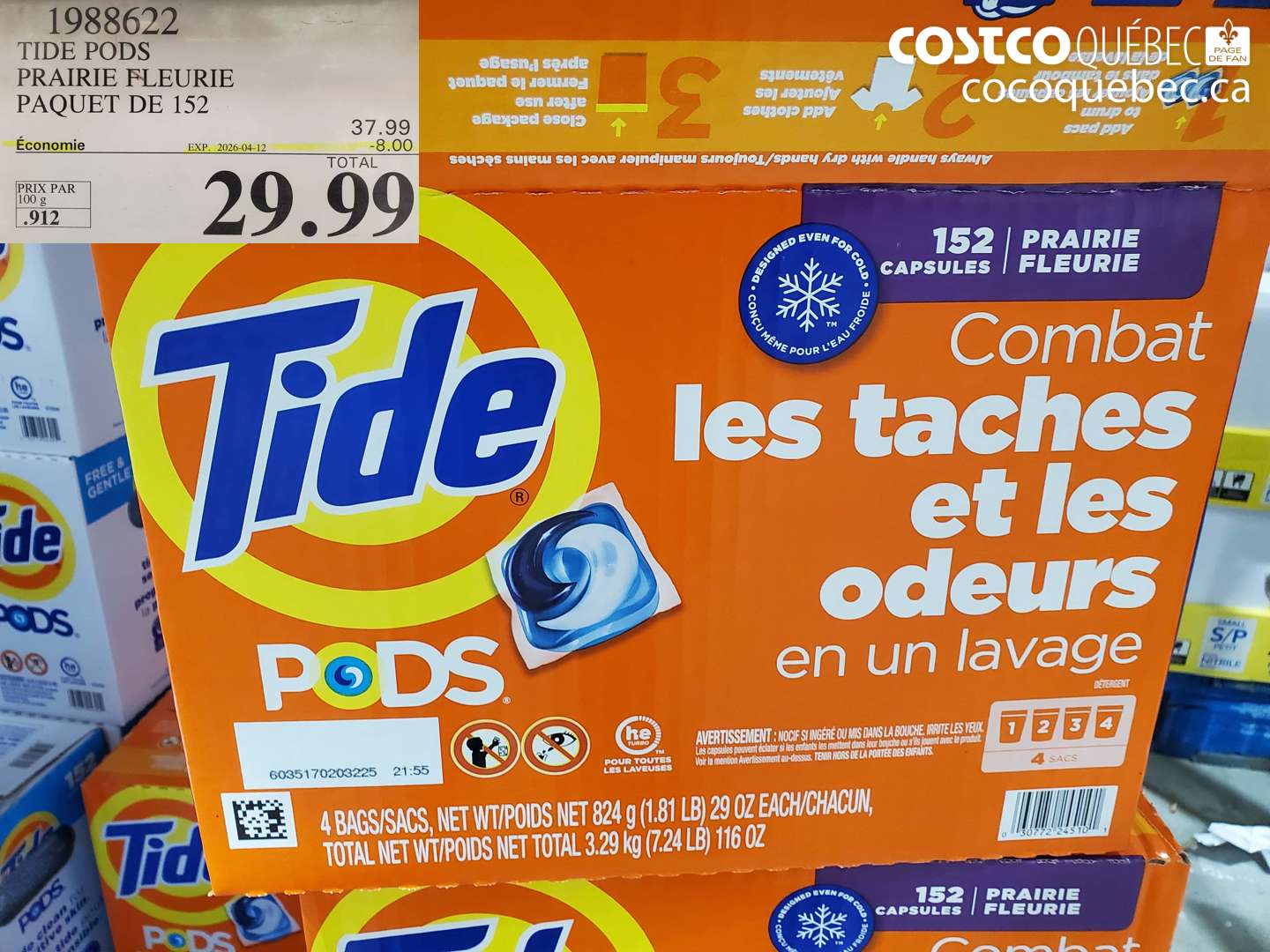 1988622 TIDE PODS PRAIRIE FLEURIE PAQUET DE 152 ($8.00 INSTANT SAVINGS EXPIRES ON 2026-04-12) $29.99