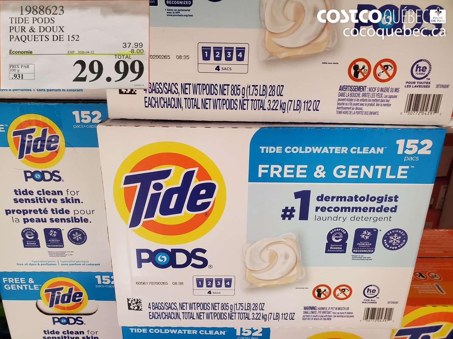 1988623 TIDE PODS PUR & DOUX PAQUETS DE 152 ($8.00 INSTANT SAVINGS EXPIRES ON 2026-04-12) $29.99