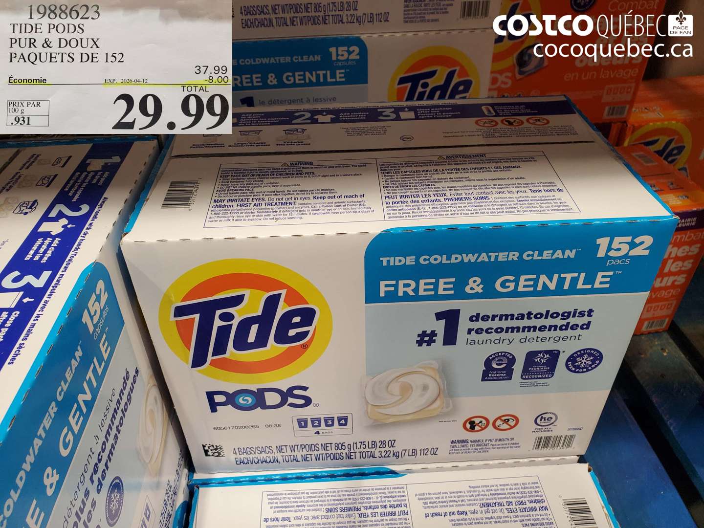 1988623 TIDE PODS PUR & DOUX PAQUETS DE 152 ($8.00 INSTANT SAVINGS EXPIRES ON 2026-04-12) $29.99