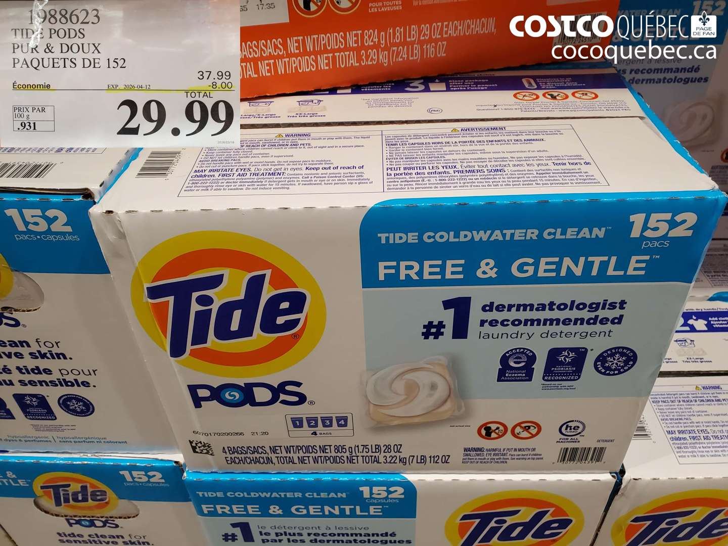 1988623 TIDE PODS PUR & DOUX PAQUETS DE 152 ($8.00 INSTANT SAVINGS EXPIRES ON 2026-04-12) $29.99