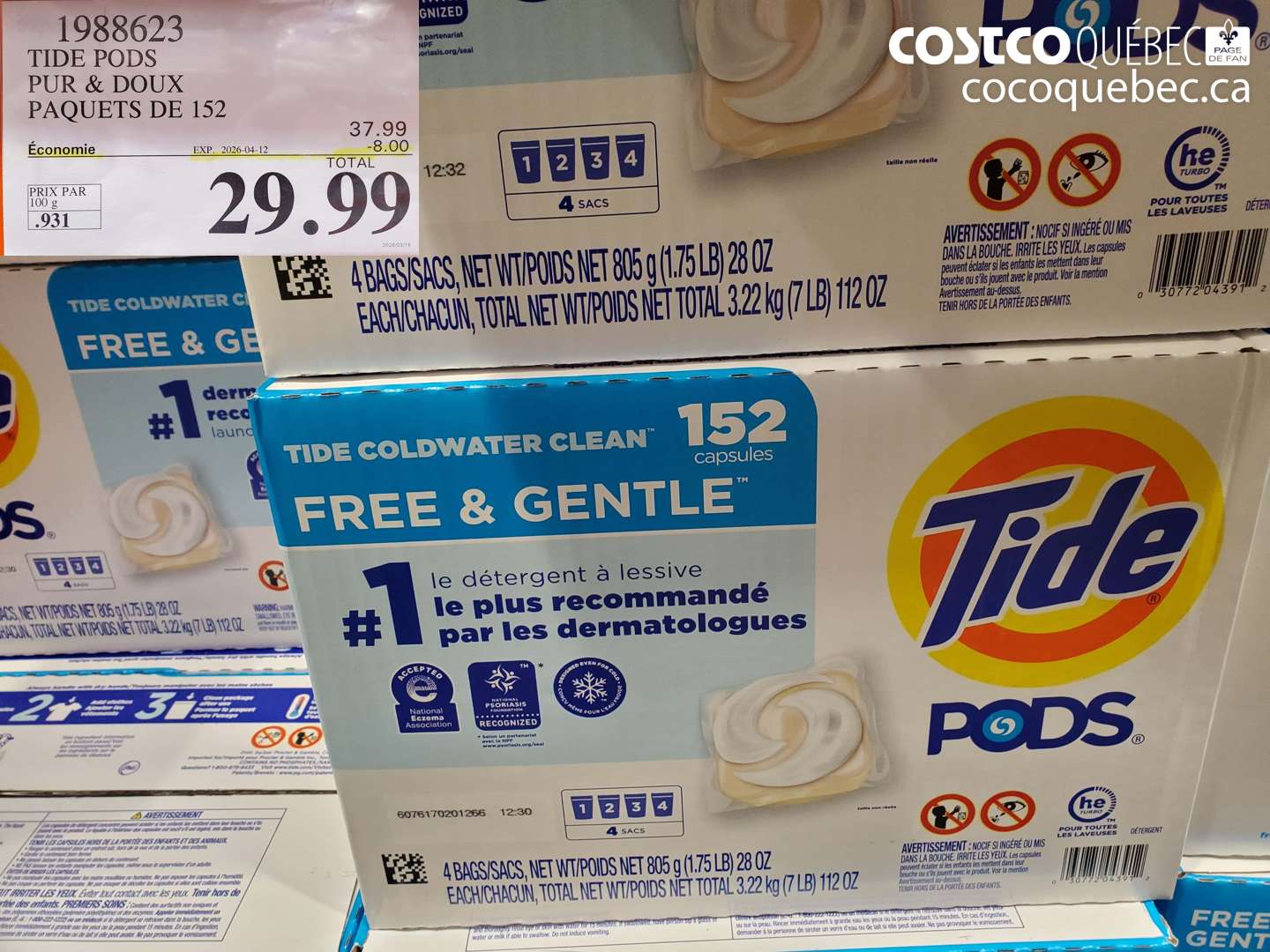 1988623 TIDE PODS PUR & DOUX PAQUETS DE 152 ($8.00 INSTANT SAVINGS EXPIRES ON 2026-04-12) $29.99