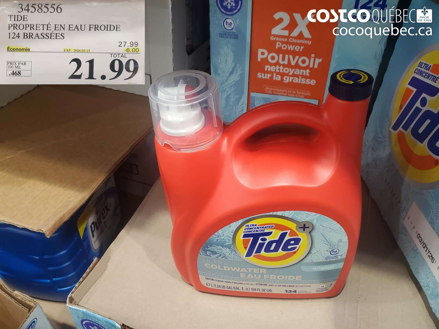 3458556 TIDE PROPRETÉ EN EAU FROIDE 124 BRASSÉES ($6.00 INSTANT SAVINGS EXPIRES ON 2026-03-15) $21.99