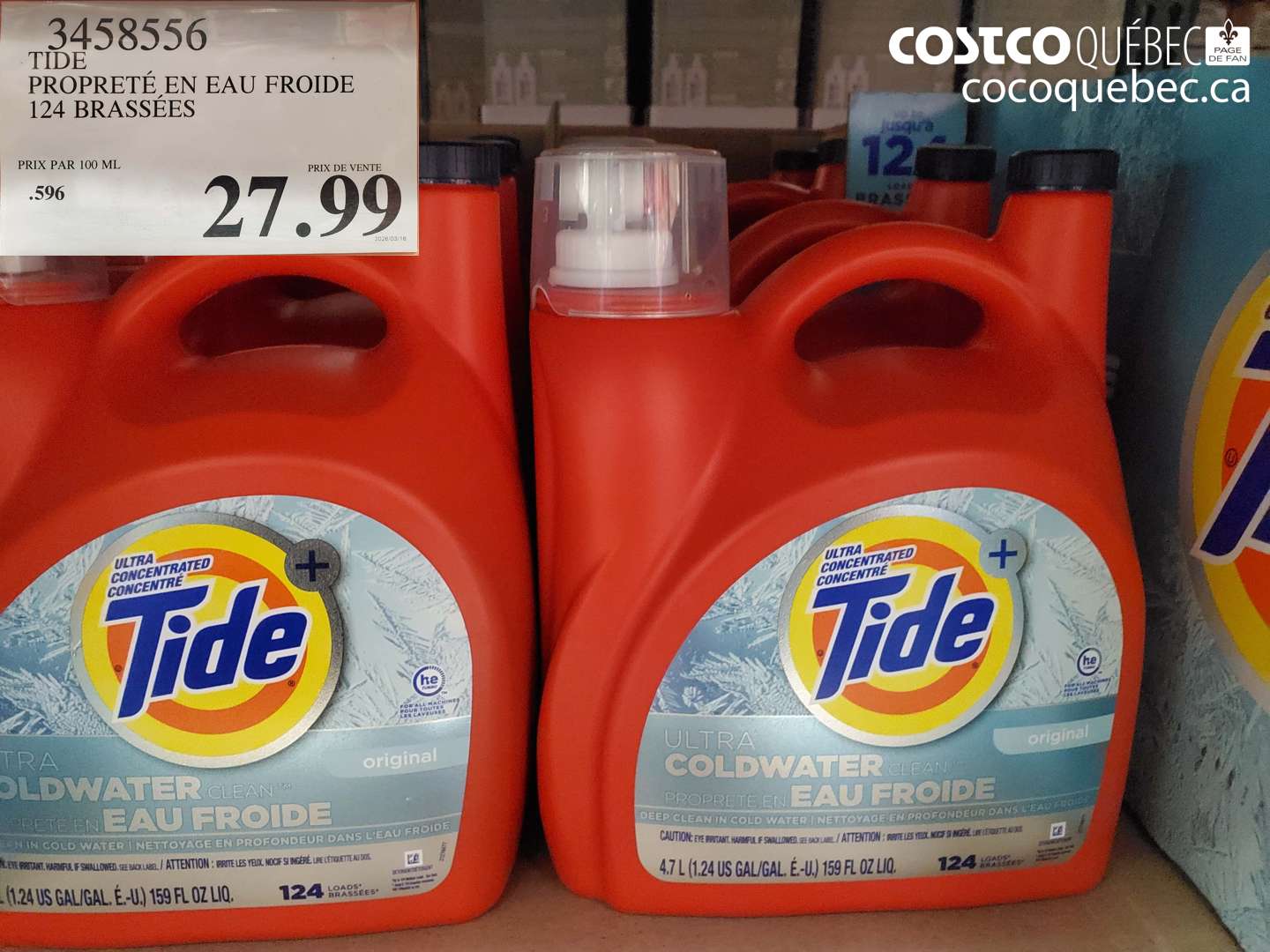 3458556 TIDE PROPRETÉ EN EAU FROIDE 124 BRASSÉES $27.99