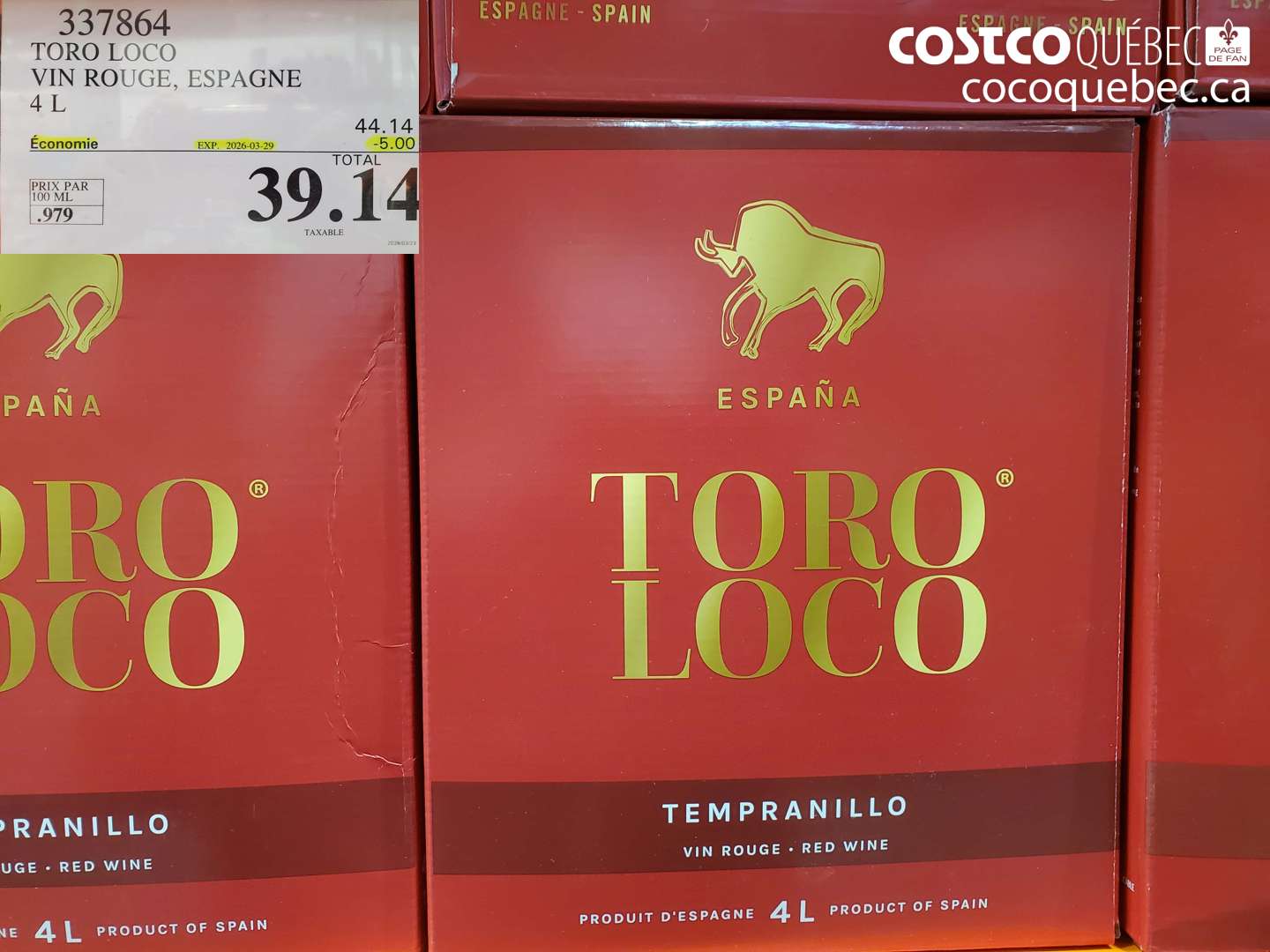 337864 TORO LOCO VIN ROUGE, ESPAGNE 4 L ($5.00 INSTANT SAVINGS EXPIRES ON 2026-03-29) $39.14