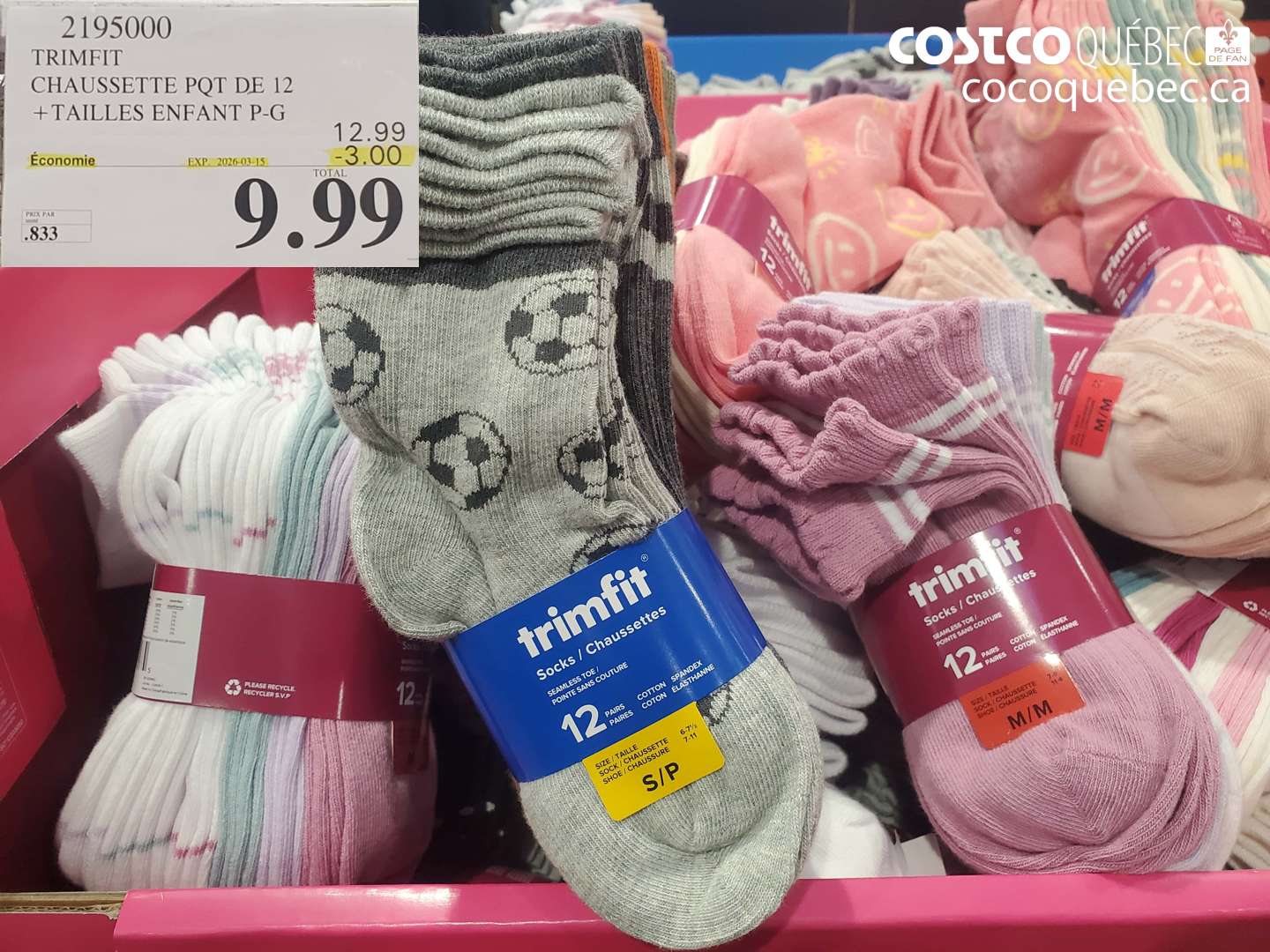 2195000 TRIMFIT CHAUSSETTE PQT DE 12 + TAILLES ENFANT P-G ($3.00 INSTANT SAVINGS EXPIRES ON 2026-03-15) $9.99
