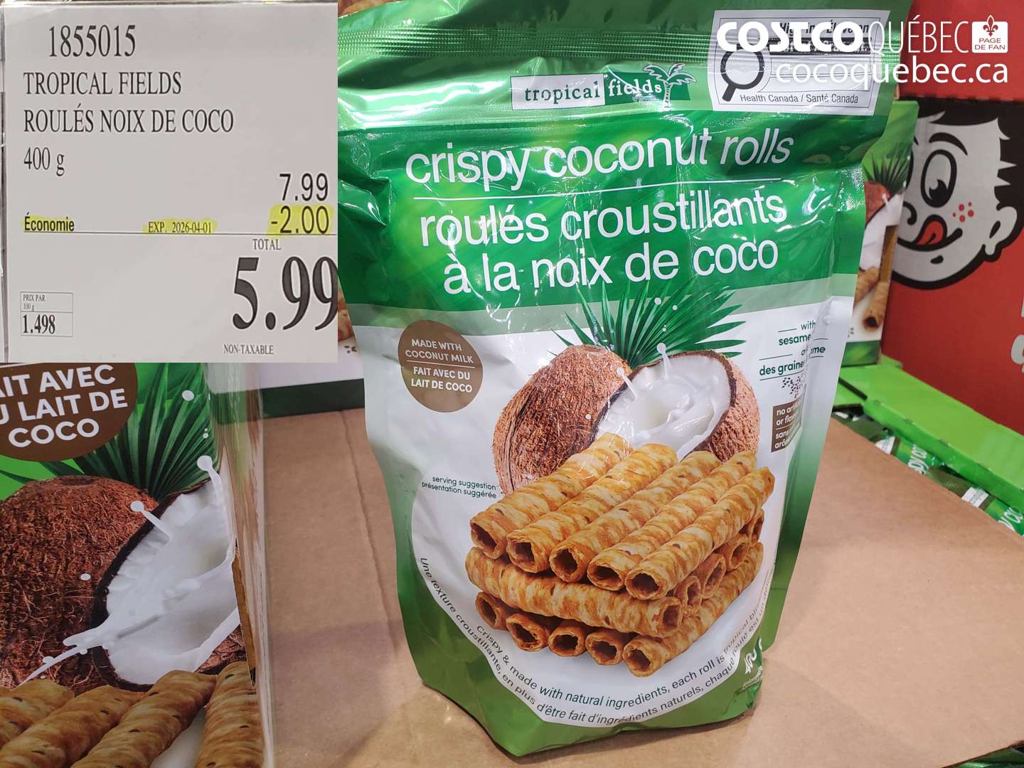 1855015 TROPICAL FIELDS ROULÉS NOIX DE COCO 400 G ($2.00 INSTANT SAVINGS EXPIRES ON 2026-04-01) $5.99