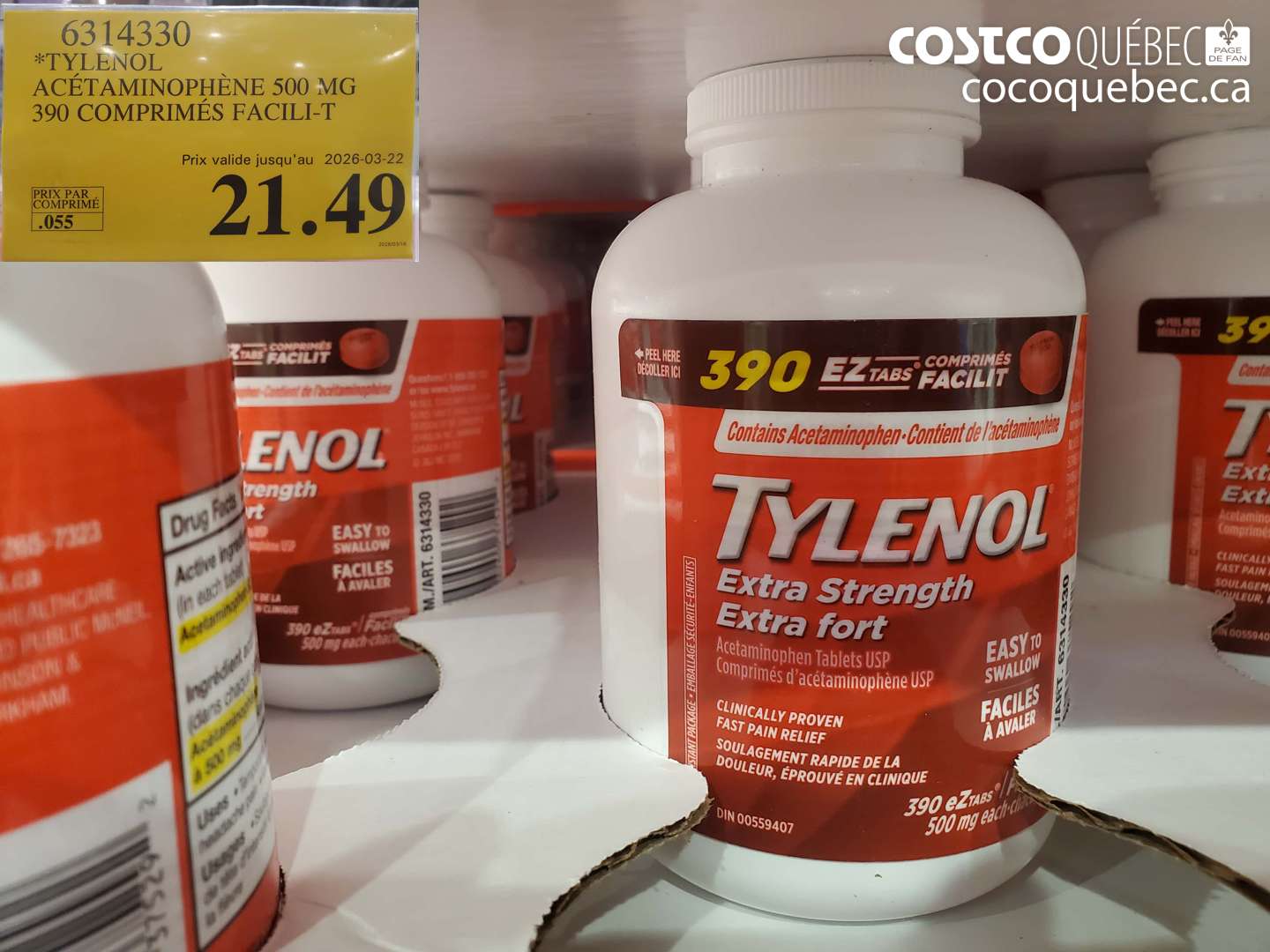 6314330 TYLENOL ACÉTAMINOPHÈNE 500 MG 390 COMPRIMÉS FACILI-T (EXPIRES ON 2026-03-22) $21.49