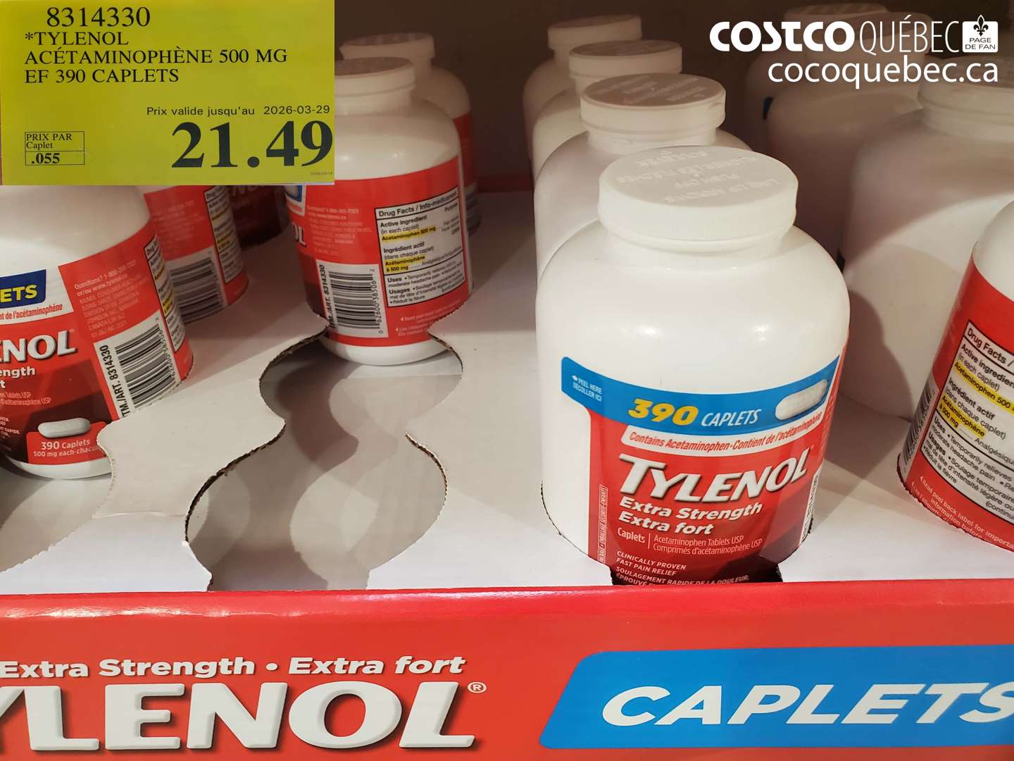8314330 TYLENOL ACÉTAMINOPHÈNE 500 MG EF 390 CAPLETS (EXPIRES ON 2026-03-29) $21.49