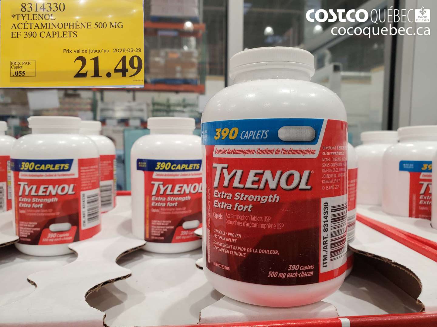 8314330 TYLENOL ACÉTAMINOPHÈNE 500 MG EF 390 CAPLETS (EXPIRES ON 2026-03-29) $21.49