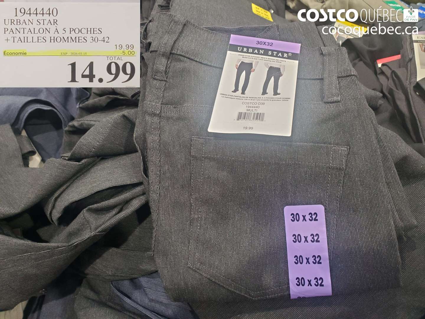 1944440 URBAN STAR PANTALON A 5 POCHES + TAILLES HOMMES 30-42 ($5.00 INSTANT SAVINGS EXPIRES ON 2026-03-15) $14.99