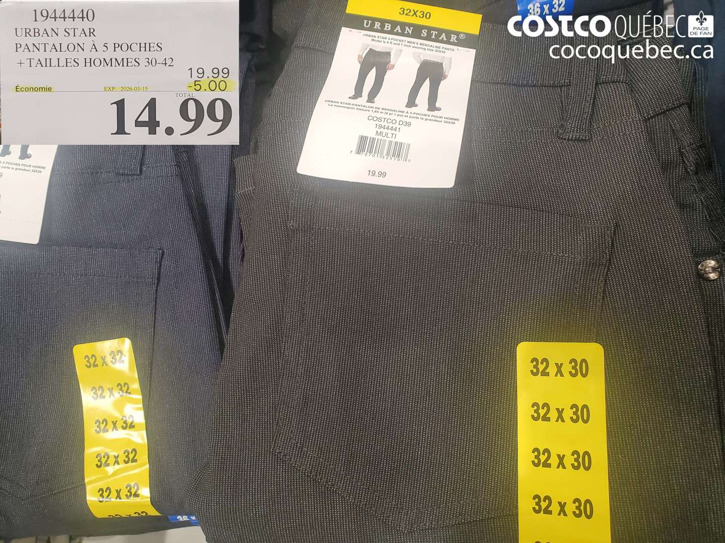 1944440 URBAN STAR PANTALON À 5 POCHES + TAILLES HOMMES 30-42 ($5.00 INSTANT SAVINGS EXPIRES ON 2026-03-15) $14.99