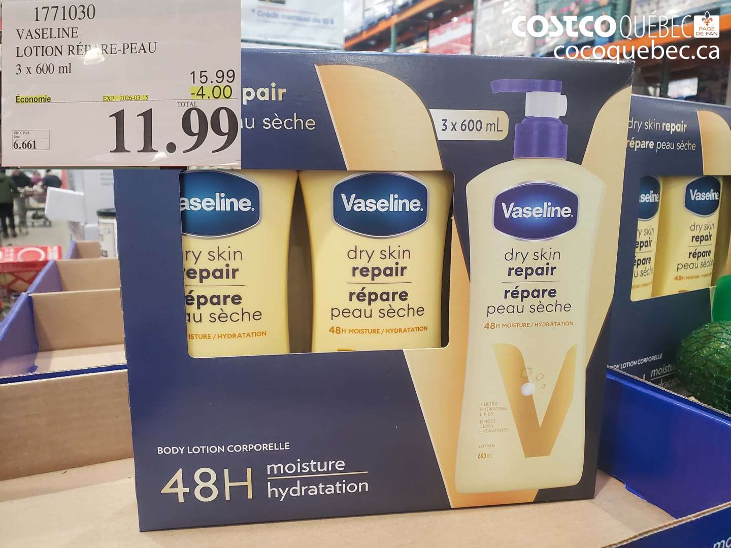 1771030 VASELINE LOTION RÉPARÉ-PEAU 3 X 600 ML ($4.00 INSTANT SAVINGS EXPIRES ON 2026-03-15) $11.99