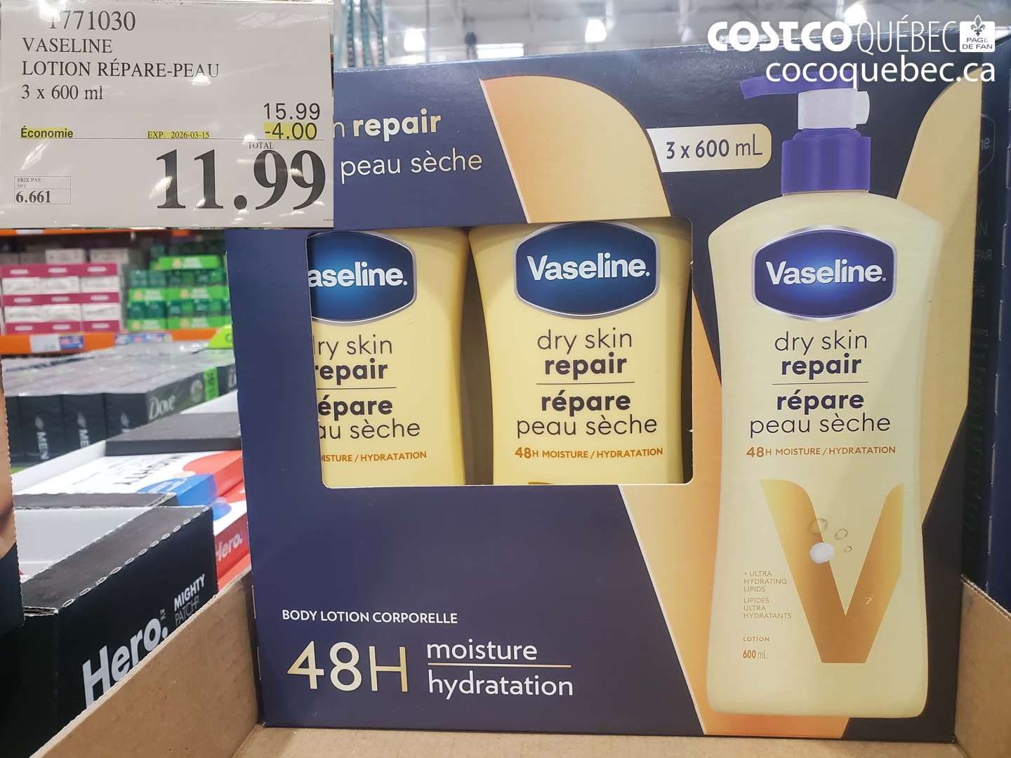 1771030 VASELINE LOTION RÉPARÉ-PEAU 3 X 600 ML ($4.00 INSTANT SAVINGS EXPIRES ON 2026-03-15) $11.99