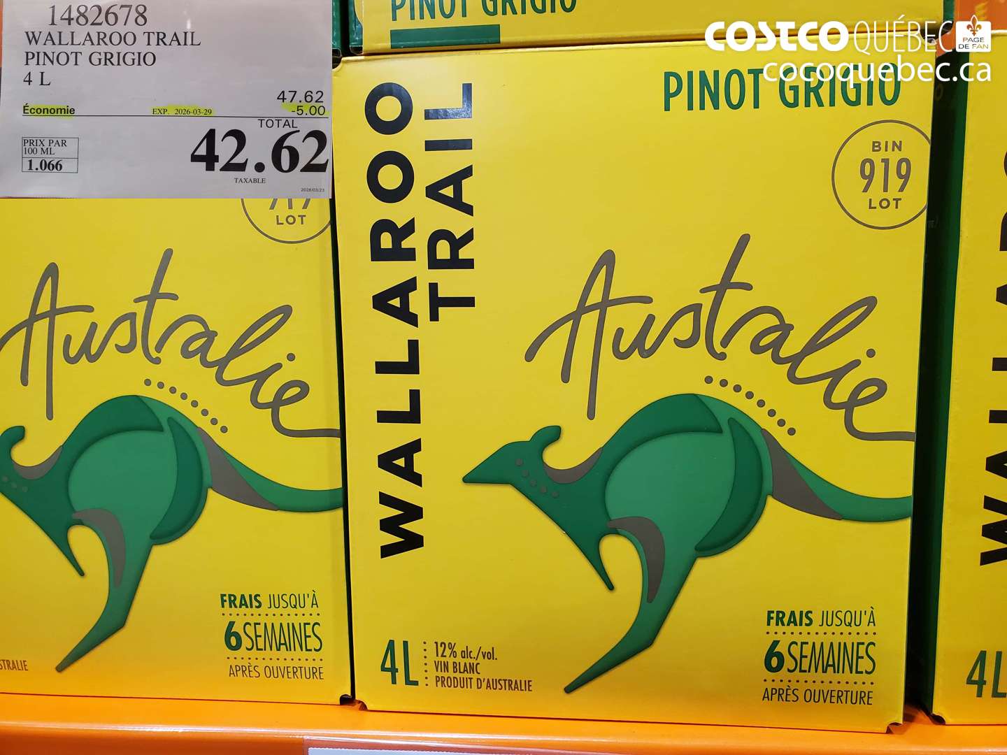 1482678 WALLAROO TRAIL PINOT GRIGIO 4 L ($5.00 INSTANT SAVINGS EXPIRES ON 2026-03-29) $42.62