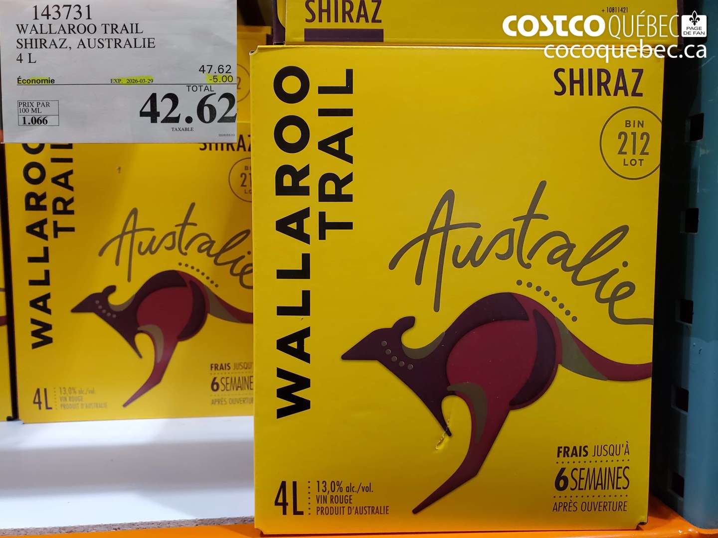 143731 WALLAROO TRAIL SHIRAZ, AUSTRALIE 4 L ($5.00 INSTANT SAVINGS EXPIRES ON 2026-03-29) $42.62