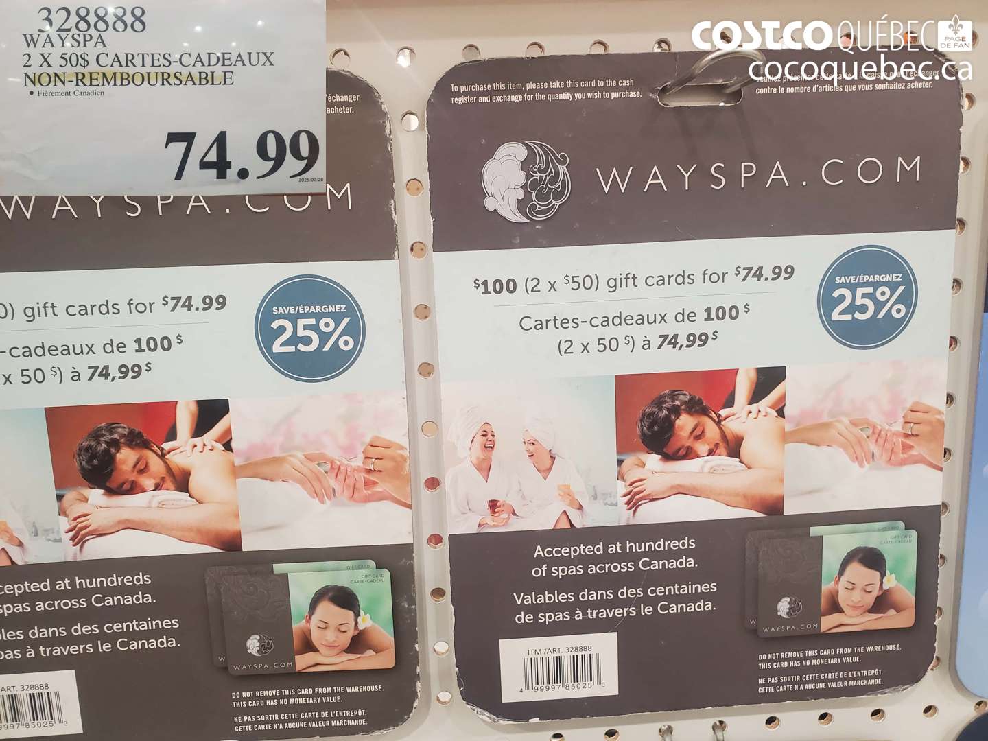 328888 WAYSPA 2 X 50$ CARTES-CADEAUX NON-REMBOURSABLE $74.99