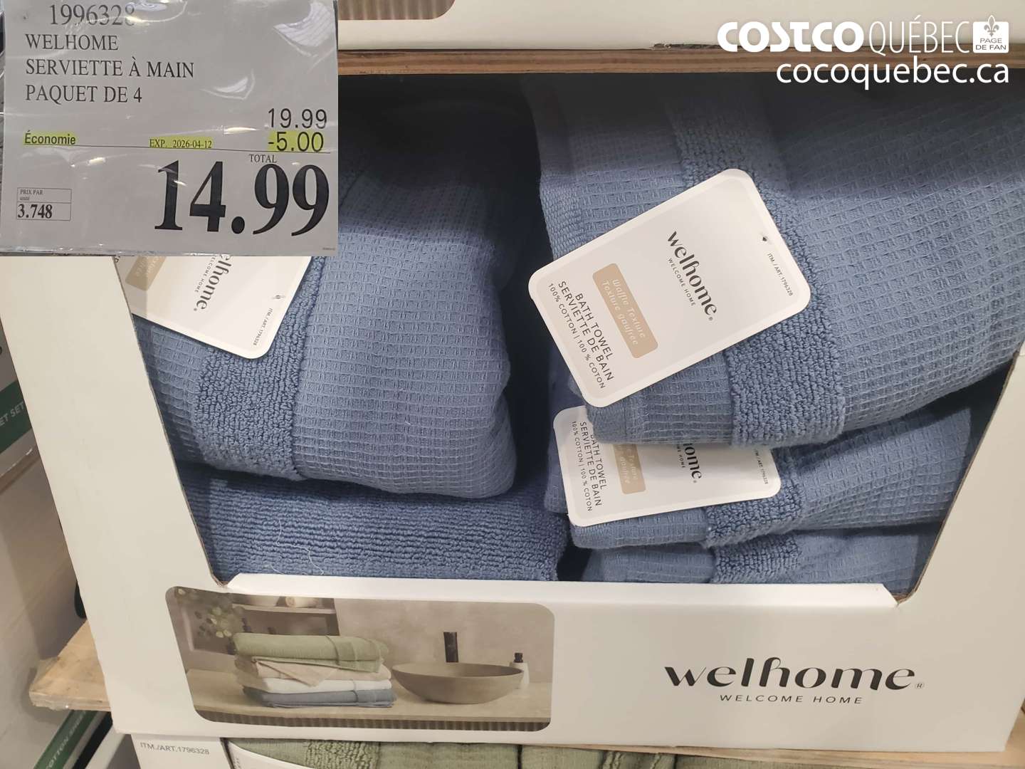 1996328 WELHOME SERVIETTE À MAIN PAQUET DE 4 ($5.00 INSTANT SAVINGS EXPIRES ON 2026-04-12) $14.99