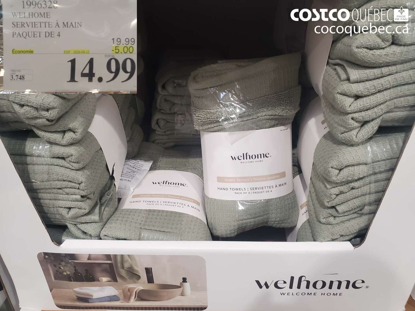 1996328 WELHOME SERVIETTE A MAIN PAQUET DE 4 ($5.00 INSTANT SAVINGS EXPIRES ON 2023-04-12) $14.99