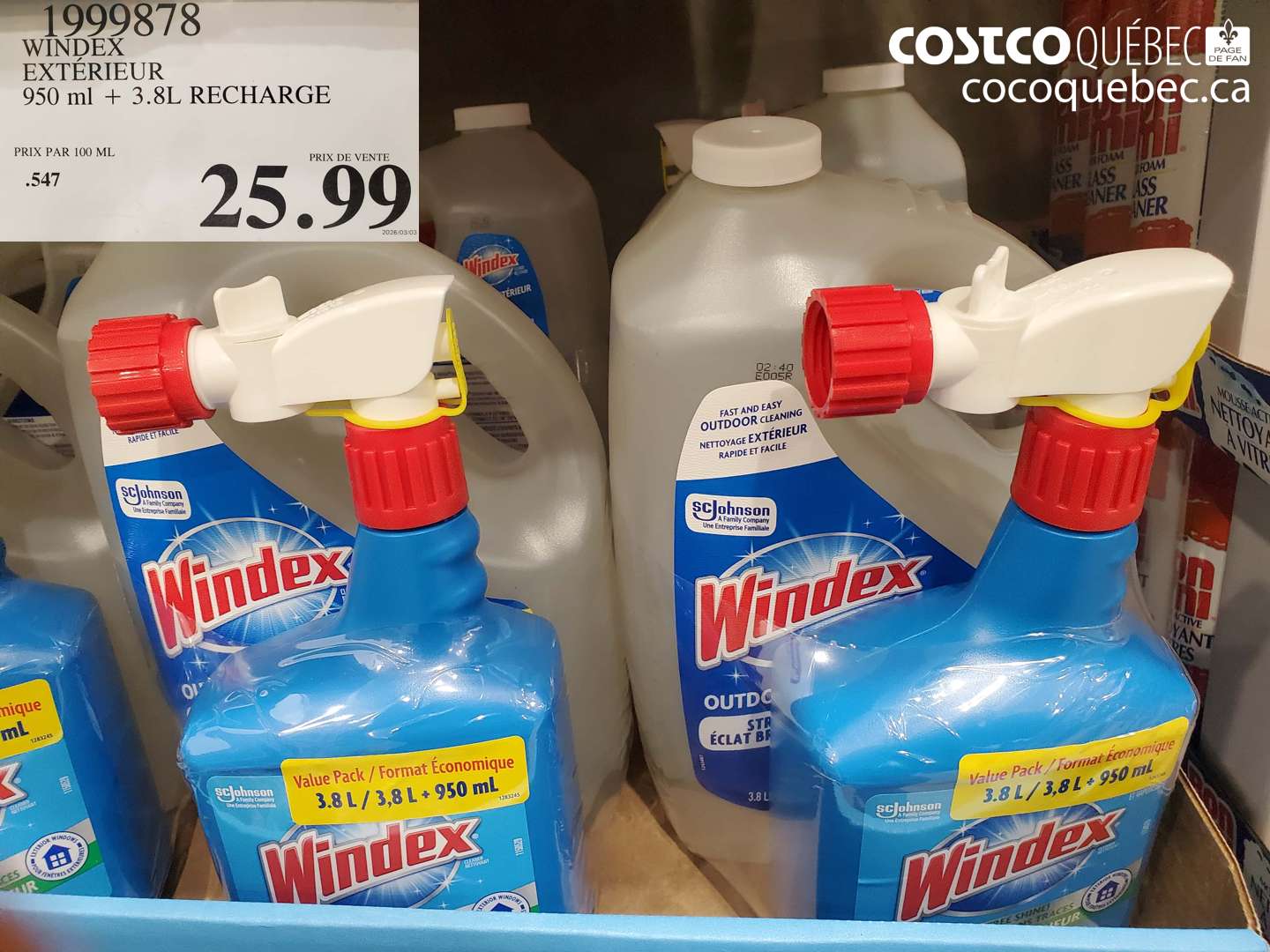 1999878 WINDEX EXTÉRIEUR 950 ML + 3.8L RECHARGE $25.99