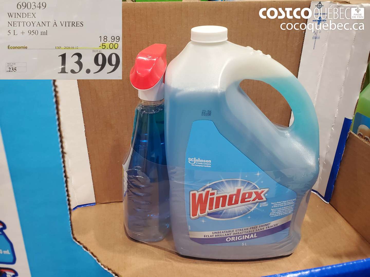 690349 WINDEX NETTOYANT À VITRES 5 L + 950 ML ($5.00 INSTANT SAVINGS EXPIRES ON 2026-04-12) $13.99