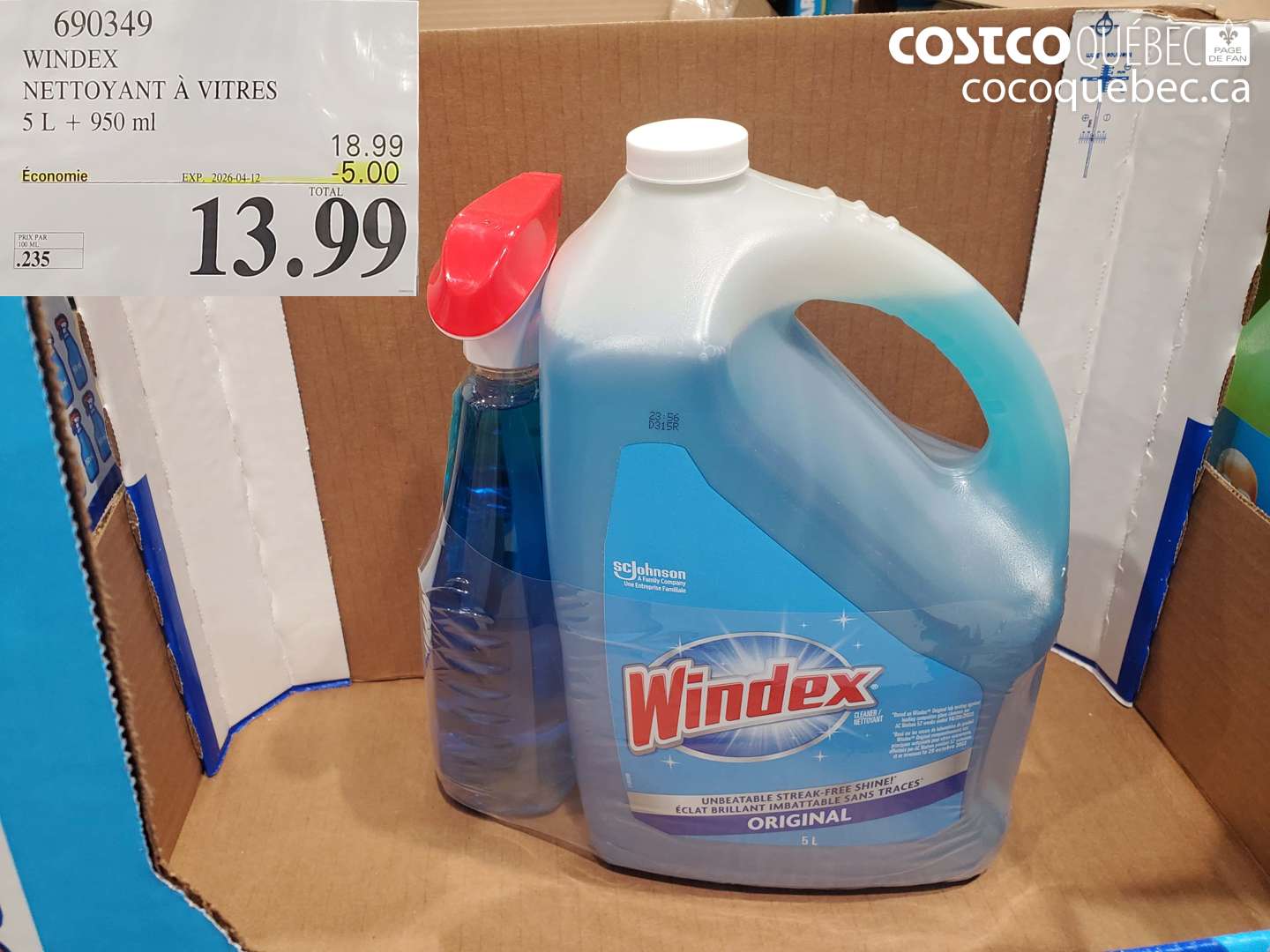 690349 WINDEX NETTOYANT À VITRES 5 L + 950 ML ($5.00 INSTANT SAVINGS EXPIRES ON 2026-04-12) $13.99