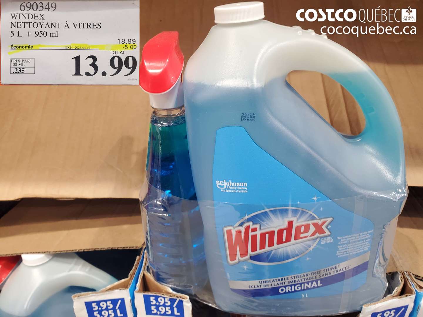 690349 WINDEX NETTOYANT A VITRES 5 L + 950 ML ($5.00 INSTANT SAVINGS EXPIRES ON 2026-04-12) $13.99