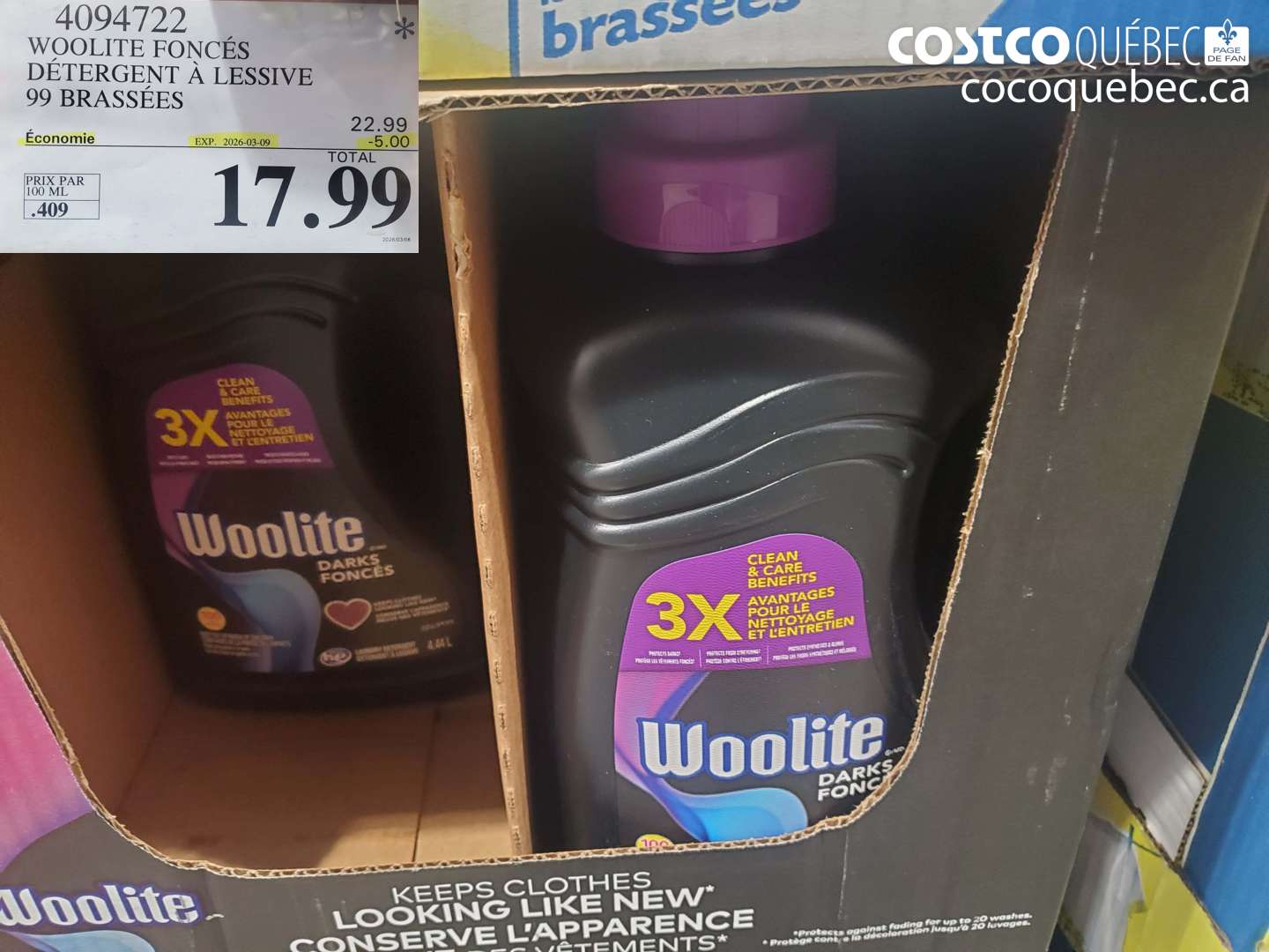 4094722 WOOLITE FONCÉS DÉTERGENT À LESSIVE 99 BRASSÉES ($5.00 INSTANT SAVINGS EXPIRES ON 2026-03-09) $17.99