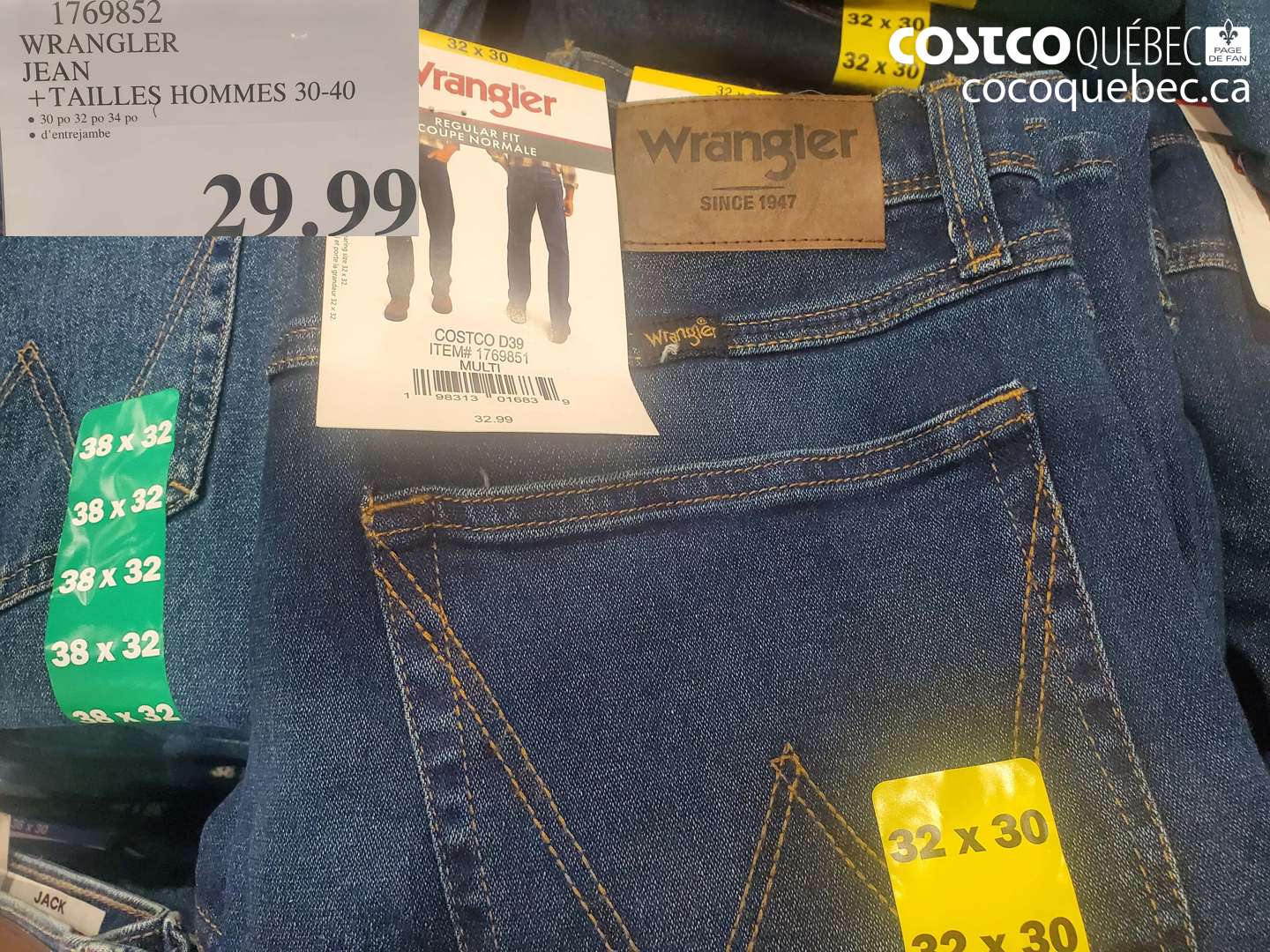 1769852 WRANGLER JEAN +TAILLES HOMMES 30-40 $29.99