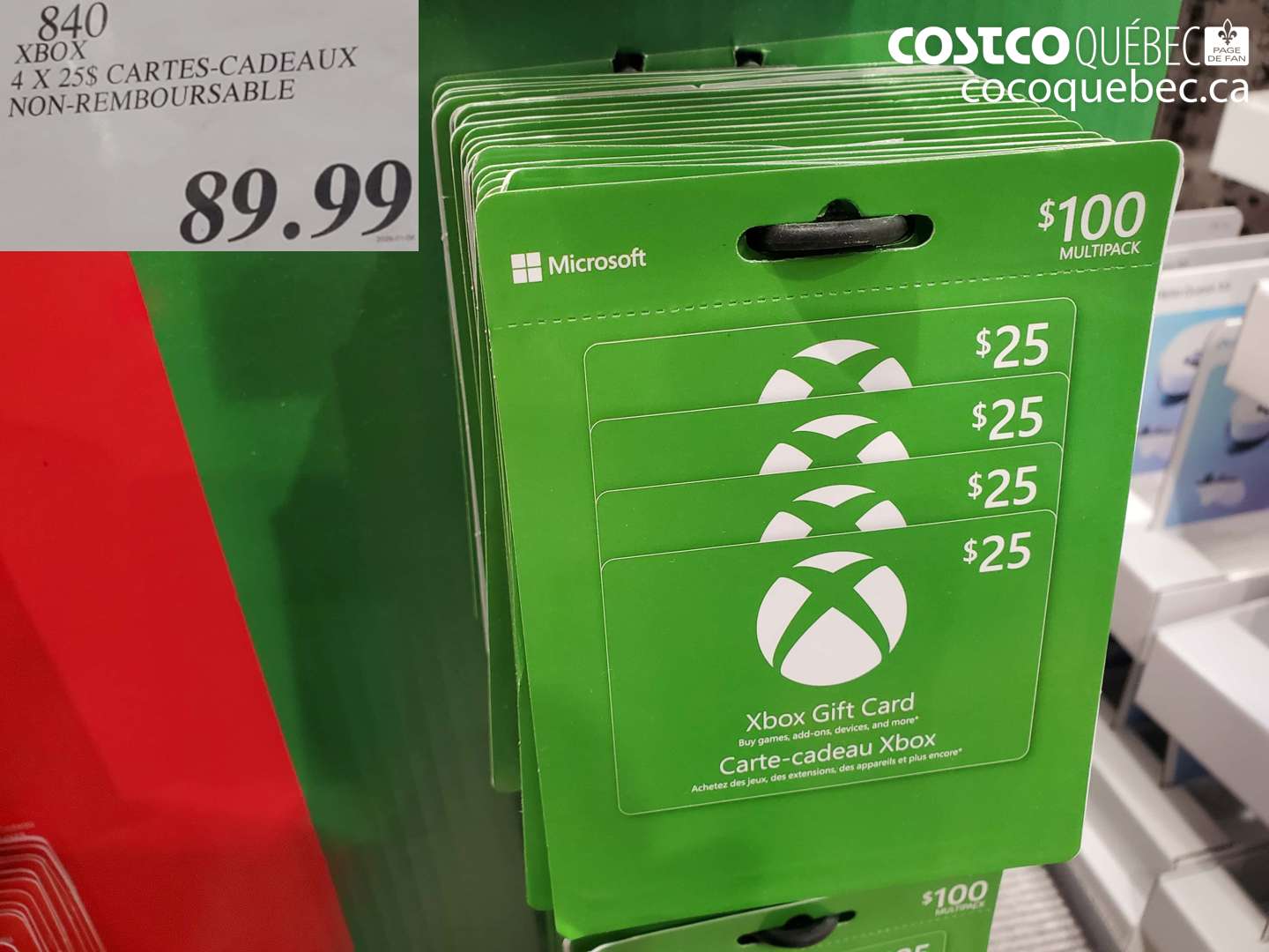 840 XBOX 4 X 25$ CARTES-CADEAUX NON-REMBOURSABLE $89.99