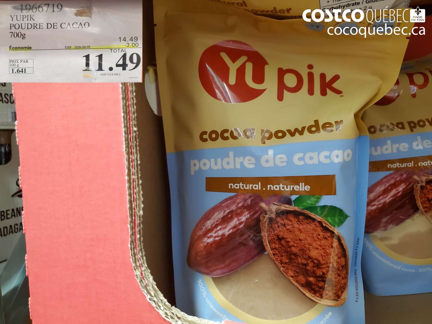 1966719 YUPIK POUDRE DE CACAO 700G ($3.00 INSTANT SAVINGS EXPIRES ON 2026-04-05) $11.49