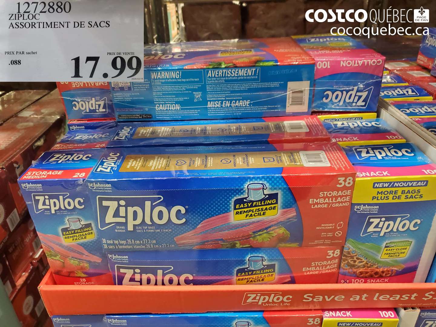 1272880 ZIPLOC ASSORTMENT DE SACS $17.99