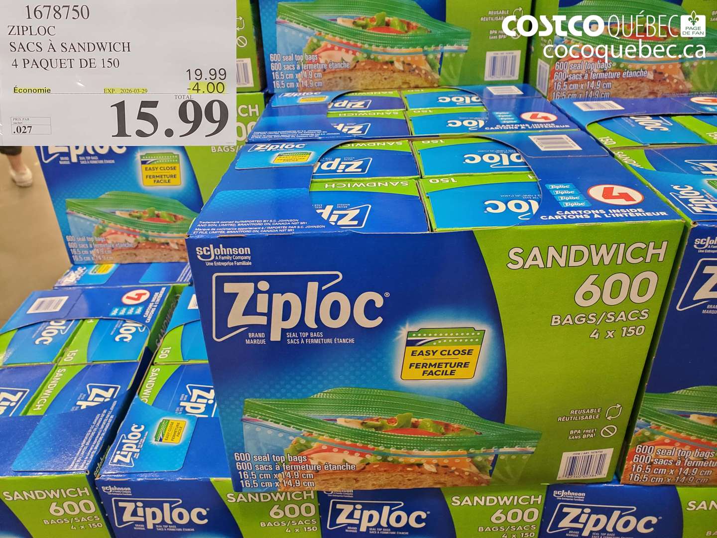 1678750 ZIPLOC SACS À SANDWICH 4 PAQUET DE 150 ($4.00 INSTANT SAVINGS EXPIRES ON 2026-03-29) $15.99