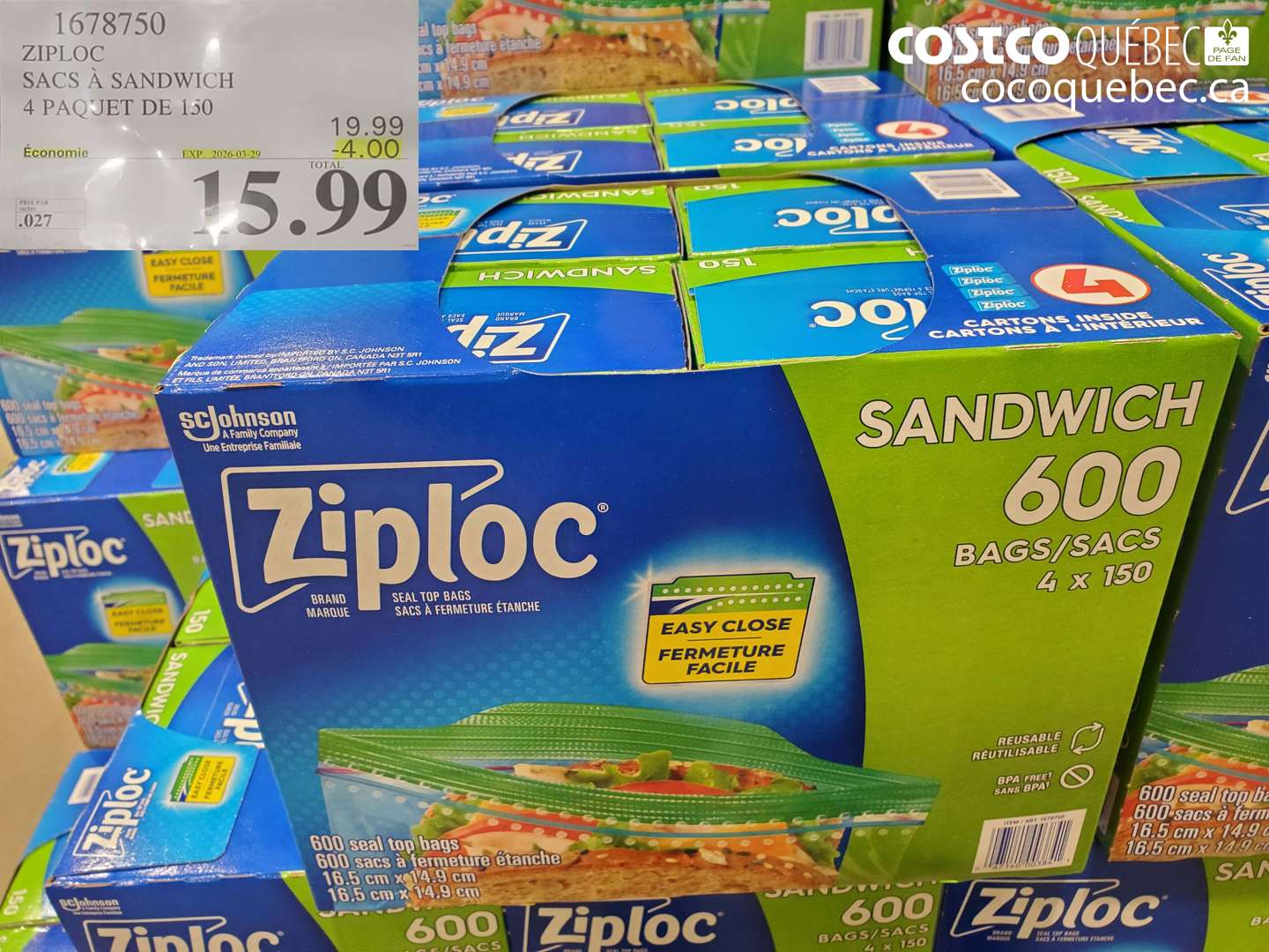 1678750 ZIPLOC SACS À SANDWICH 4 PAQUET DE 150 ($4.00 INSTANT SAVINGS EXPIRES ON 2026-03-29) $15.99