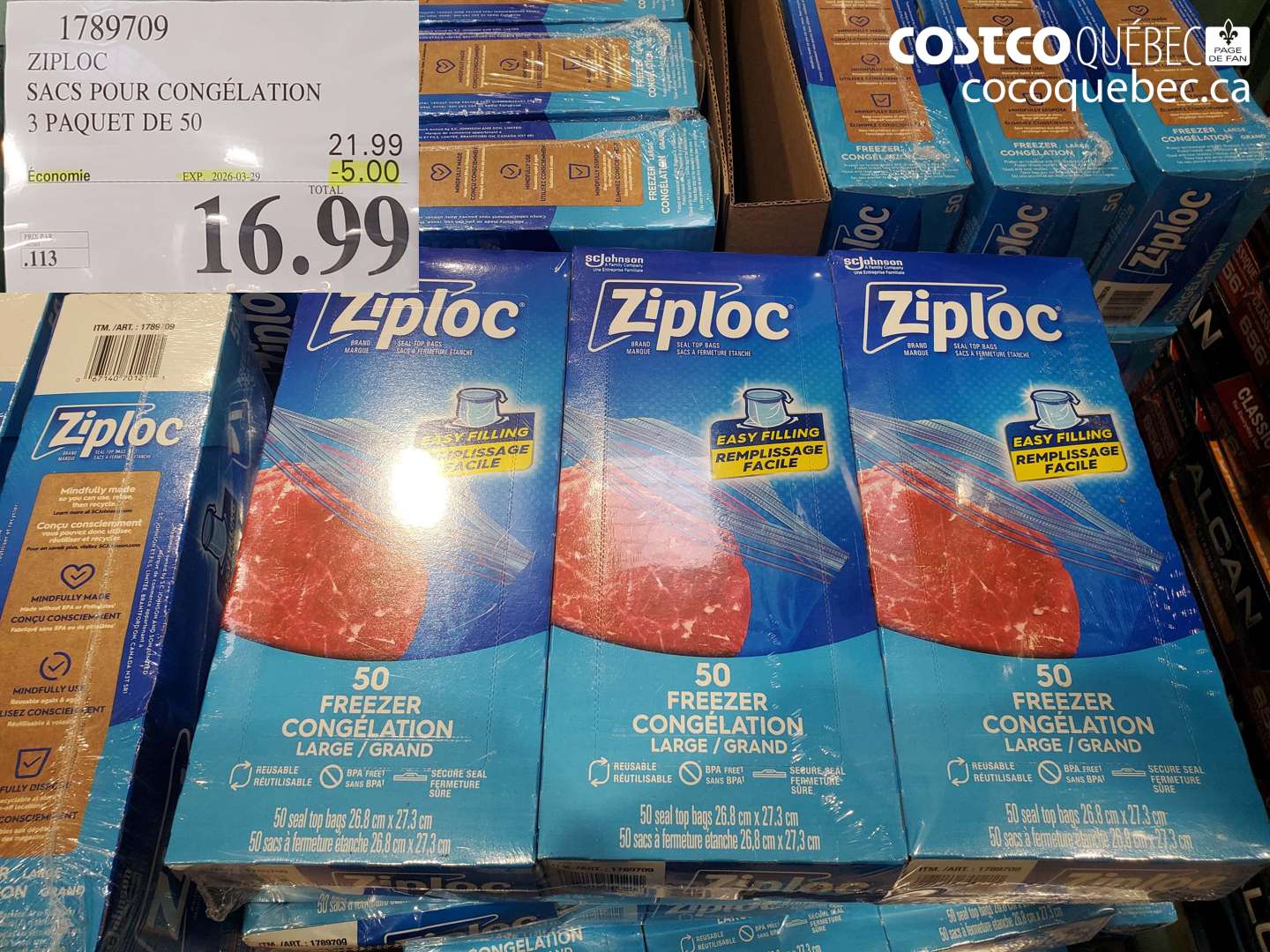 1789709 ZIPLOC SACS POUR CONGÉLATION 3 PAQUET DE 50 ($5.00 INSTANT SAVINGS EXPIRES ON 2026-03-29) $16.99