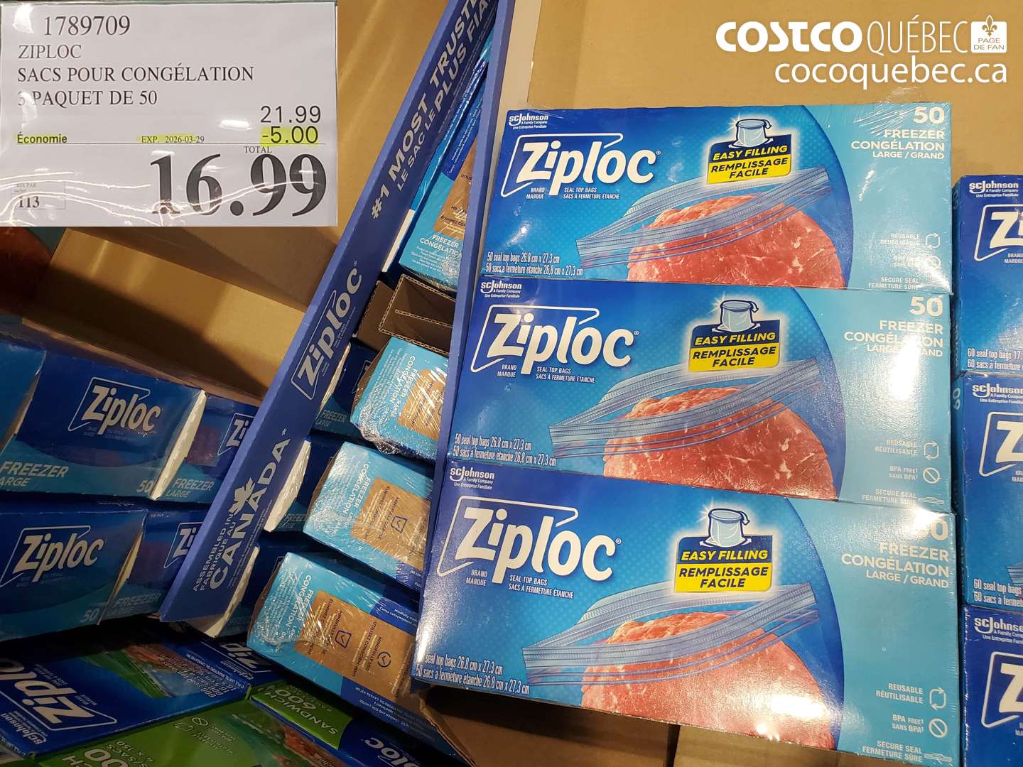 1789709 ZIPLOC SACS POUR CONGÉLATION 3 PAQUET DE 50 ($5.00 INSTANT SAVINGS EXPIRES ON 2026-03-29) $16.99