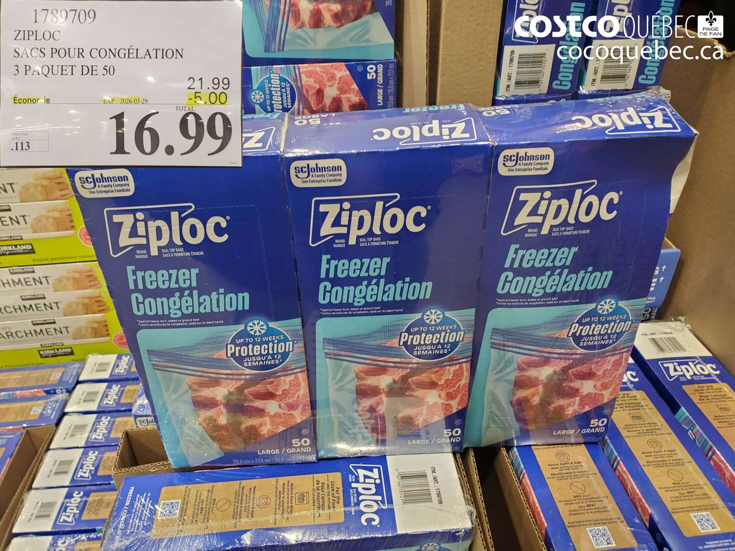 1789709 ZIPLOC SACS POUR CONGÉLATION 3 PAQUET DE 50 ($5.00 INSTANT SAVINGS EXPIRES ON 2026-03-29) $16.99