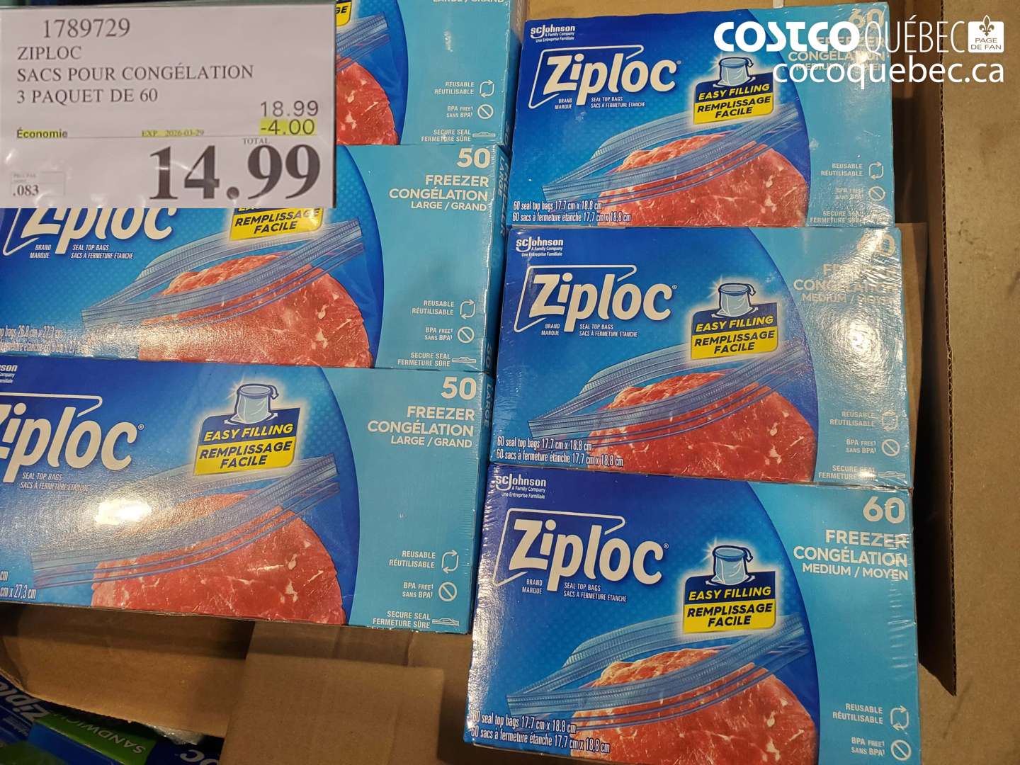 1789729 ZIPLOC SACS POUR CONGÉLATION 3 PAQUET DE 60 ($4.00 INSTANT SAVINGS EXPIRES ON 2026-03-29) $14.99