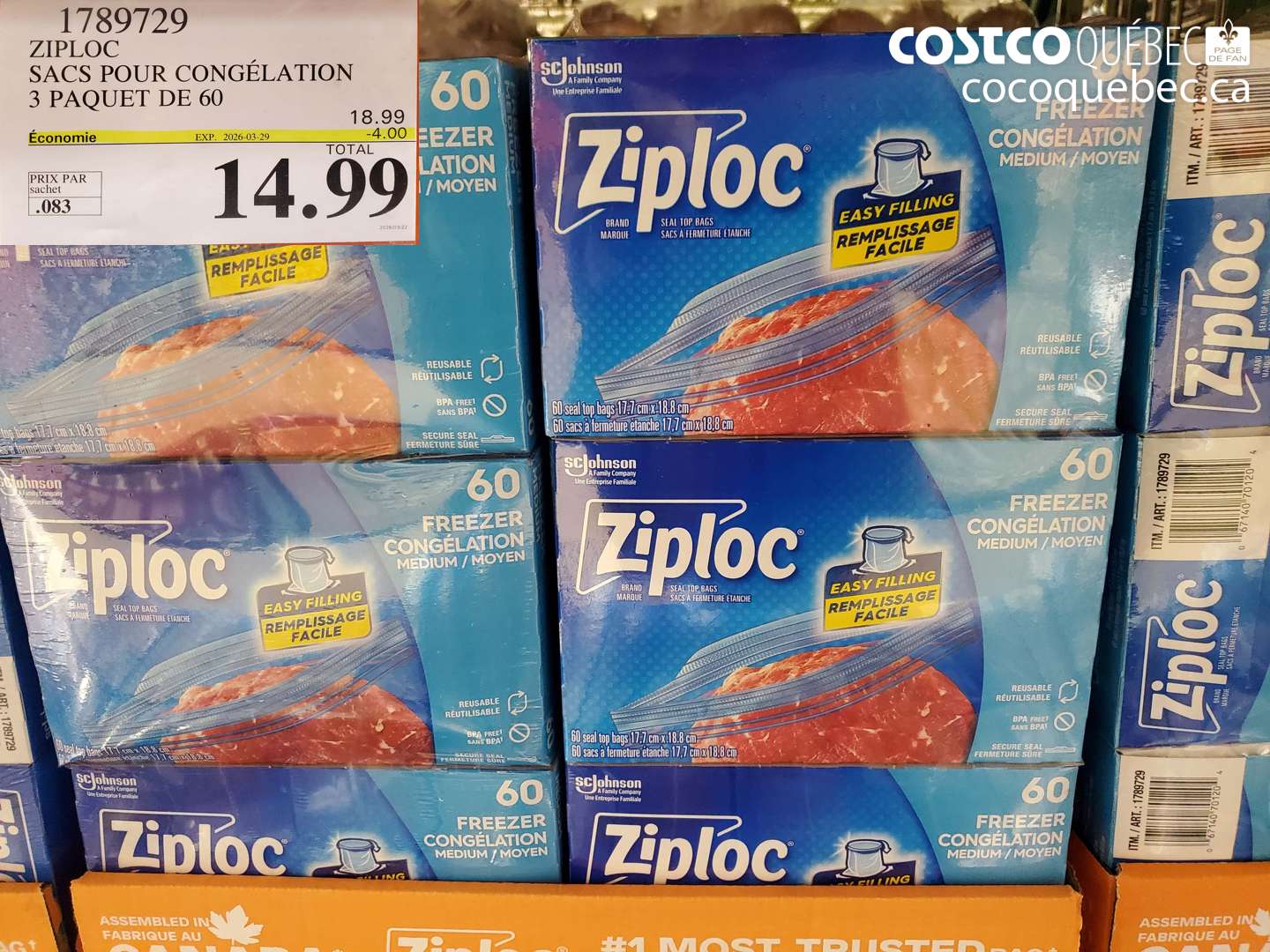 1789729 ZIPLOC SACS POUR CONGÉLATION 3 PAQUET DE 60 ($4.00 INSTANT SAVINGS EXPIRES ON 2026-03-29) $14.99