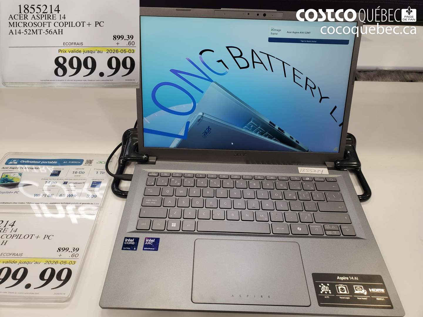 1855214 ACER ASPIRE 14 MICROSOFT COPILOT+ PC A14-52MT-56AH (EXPIRES ON 2026-05-03) $899.39