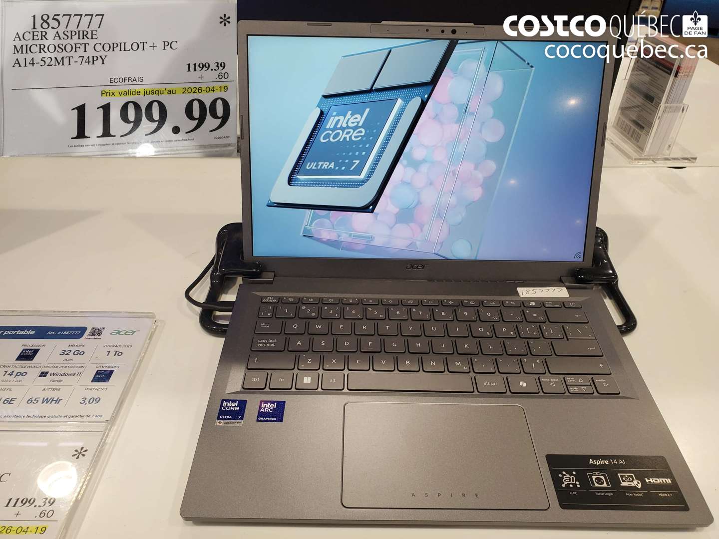 1857777 ACER ASPIRE MICROSOFT COPILOT+ PC A14-52MT-74PY (EXPIRES ON 2026-04-19) $1199.99