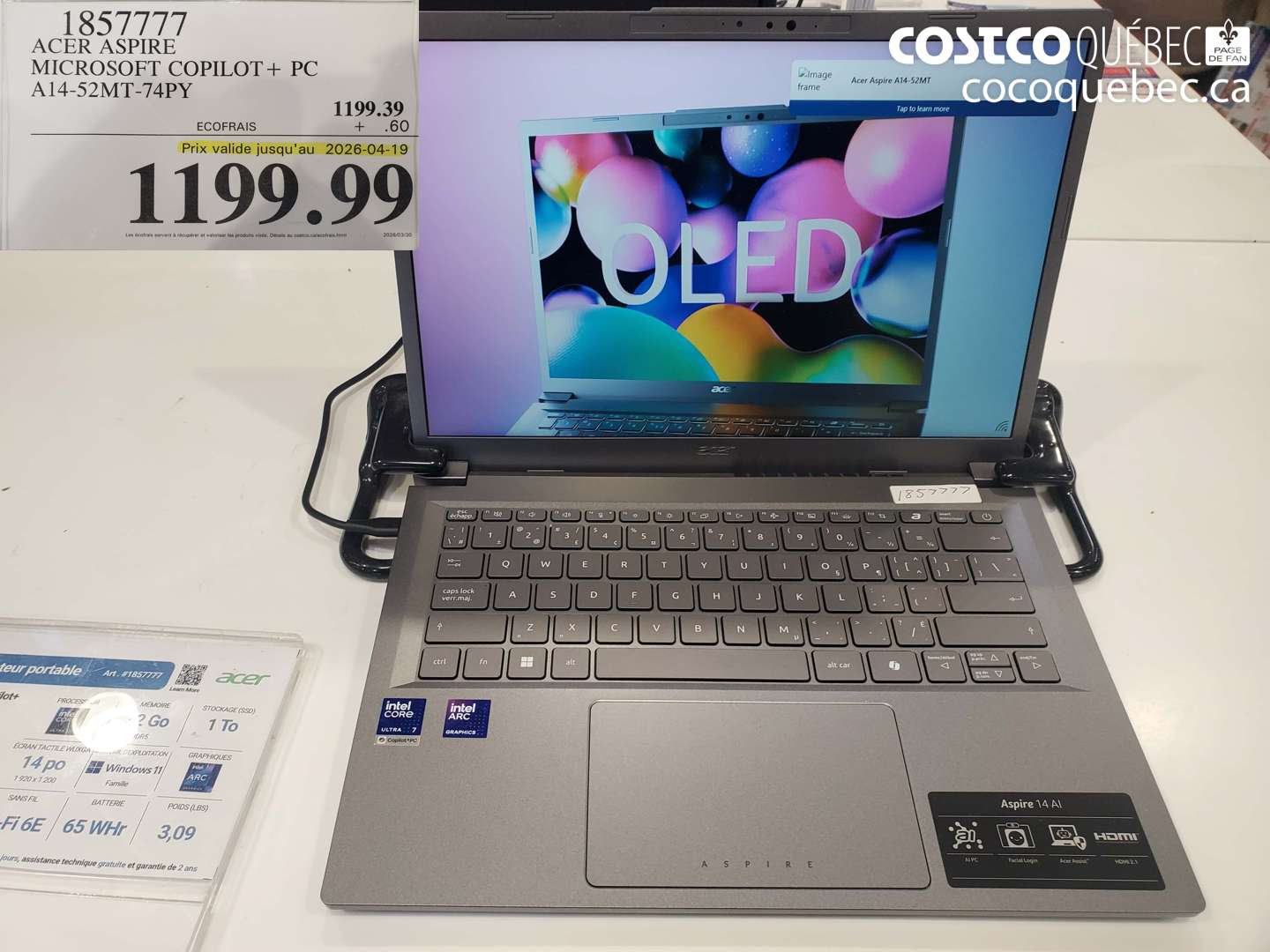 1857777 ACER ASPIRE MICROSOFT COPILOT + PC A14-52MT-74PY (EXPIRES ON 2026-04-19) $1199.99