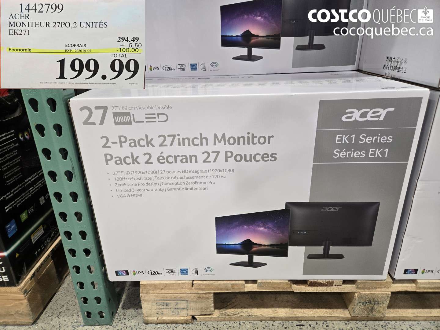 1442799 ACER MONITEUR 27PO, 2 UNITÉS EK271 ($100.00 INSTANT SAVINGS EXPIRES ON 2026-04-05) $199.99