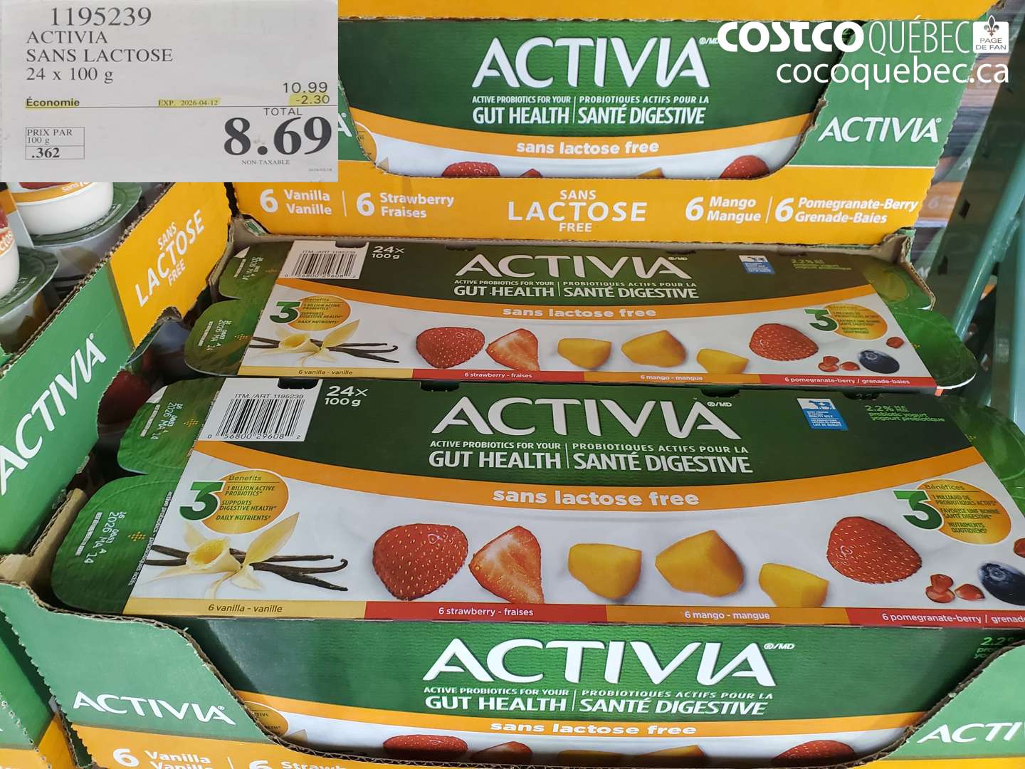 1195239 ACTIVIA SANS LACTOSE 24 X 100 G ($2.30 INSTANT SAVINGS EXPIRES ON 2026-04-12) $8.69