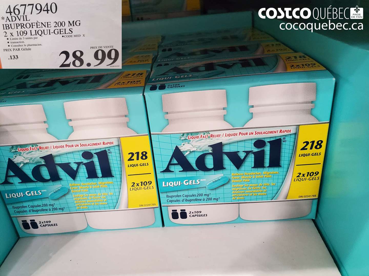 4677940 ADVIL IBUPROFENE 200 MG 2 X 109 LIQUI-GELS $28.99