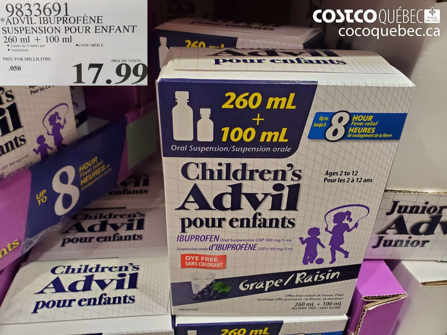 9833691 ADVIL IBUPROFENE SUSPENSION POUR ENFANT 260 ML + 100 ML $17.99