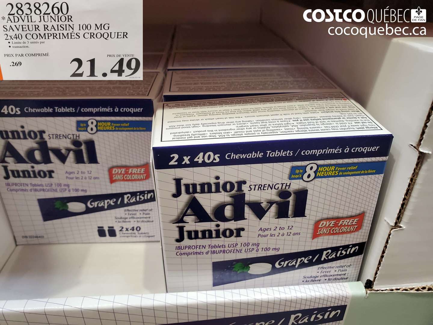 2838260 ADVIL JUNIOR SAVER RAISIN 100 MG 2X40 COMPRIMÉS CROQUER $21.49