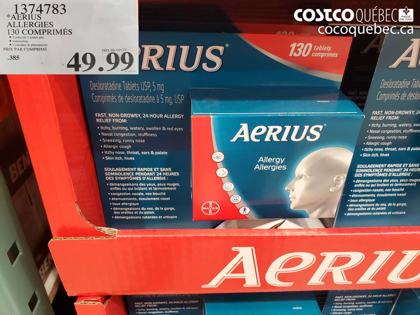 1374783 AERIUS ALLERGIES 130 COMPRIMÉS $49.99